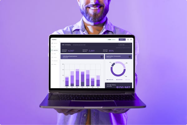 A purple image of a man holding a laptop showing the VERO dashboard