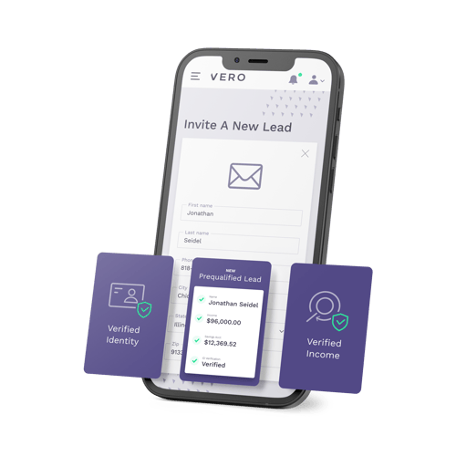Image of a new lead notification on a mobile device with verified identity and income tiles