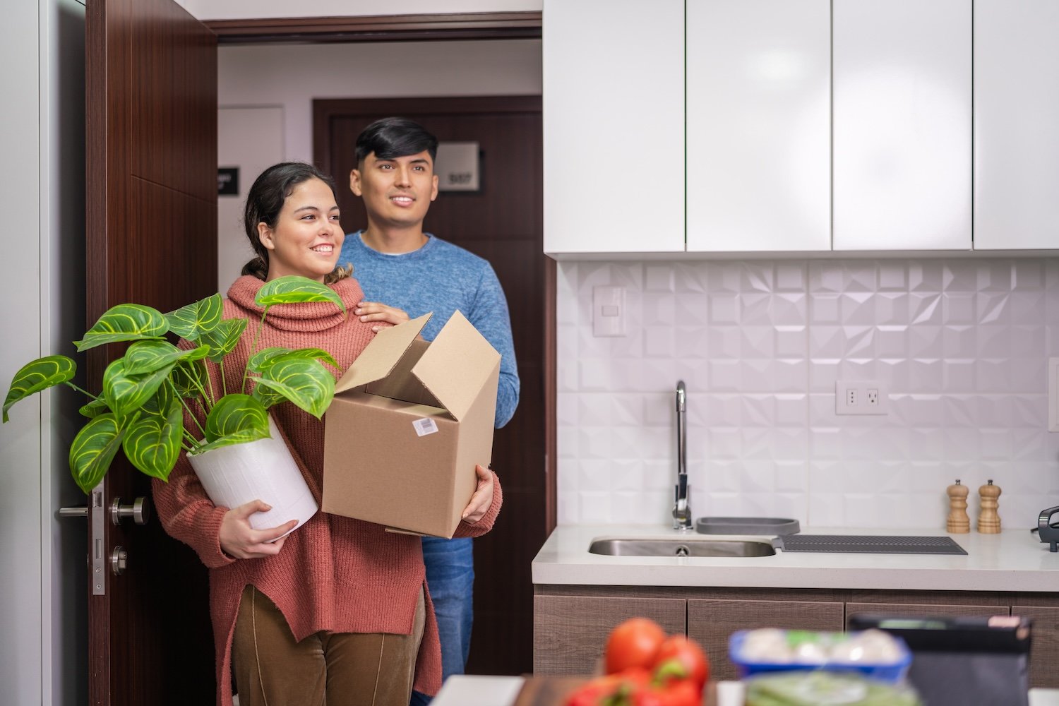Image of happy couple moving into their new mid-market apartment