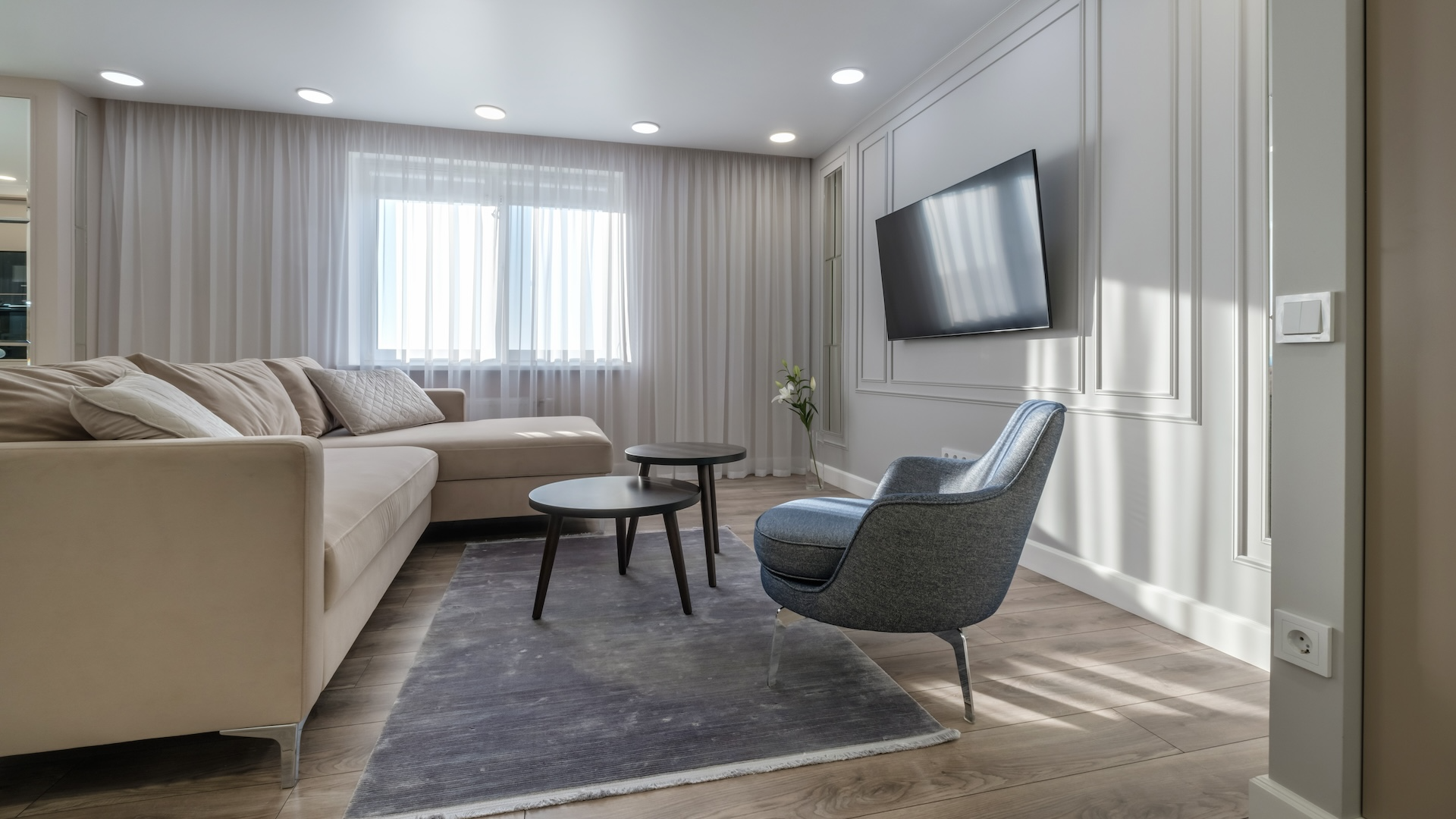 Image of modern rental apartment with furniture and TV on the wall